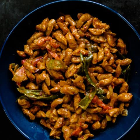 Soya chunks cooked into a Sri Lankan devil curry. Gets you the plant-based protein you need. delicious yet vegetarian side-dish that you can serve for your next meatless meal.