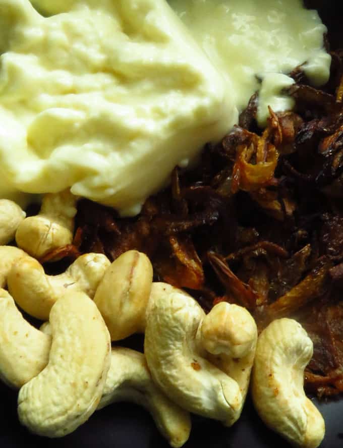 yoghurt, fried onions and cashews ready to be blended.
