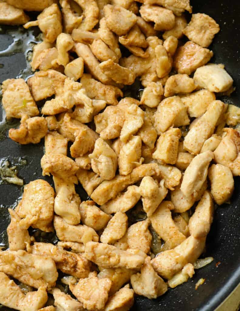 cooked chicken pieces to make the thai chicken curry pasta.