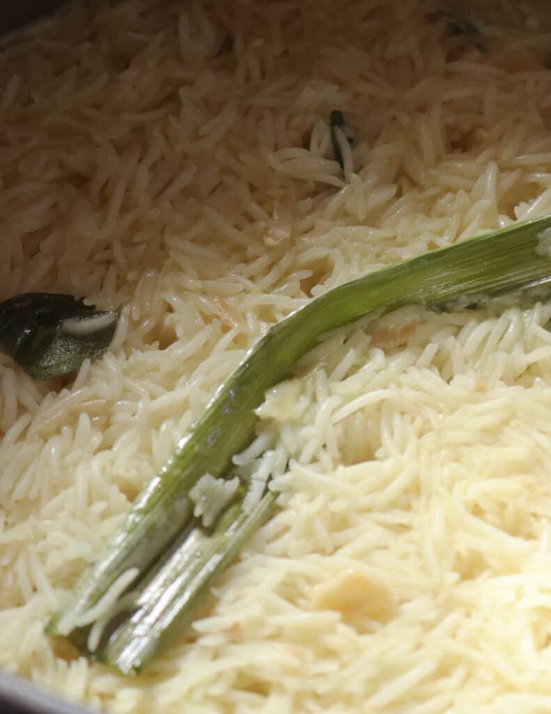 coconut rice cooked with curry leaves and pandan leaves.