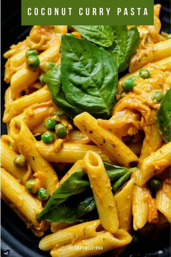 creamy penne pasta made with coconut curry green peas and spinach leaves.