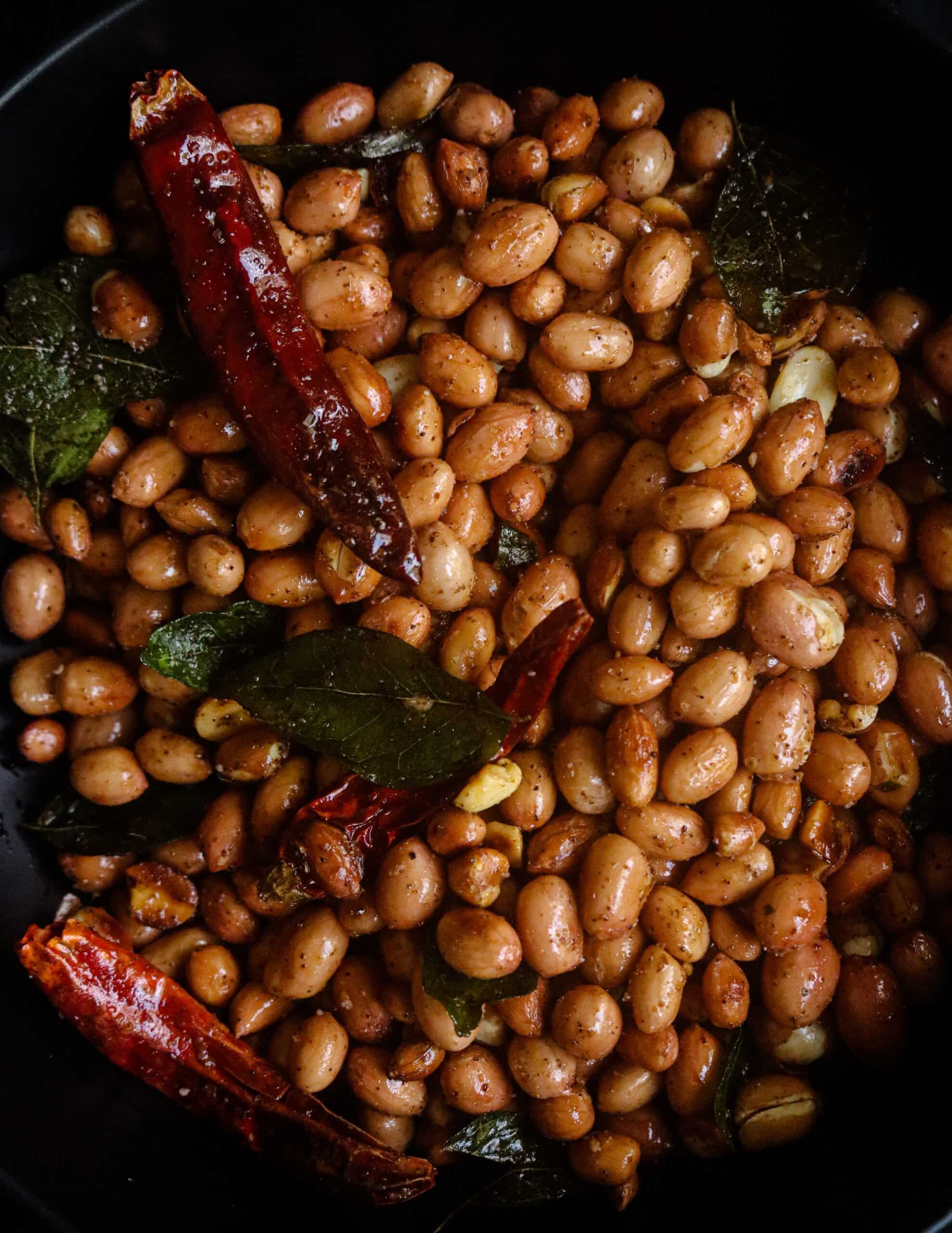 nutty roasted peanuts with dried red chillies and curry leaves.