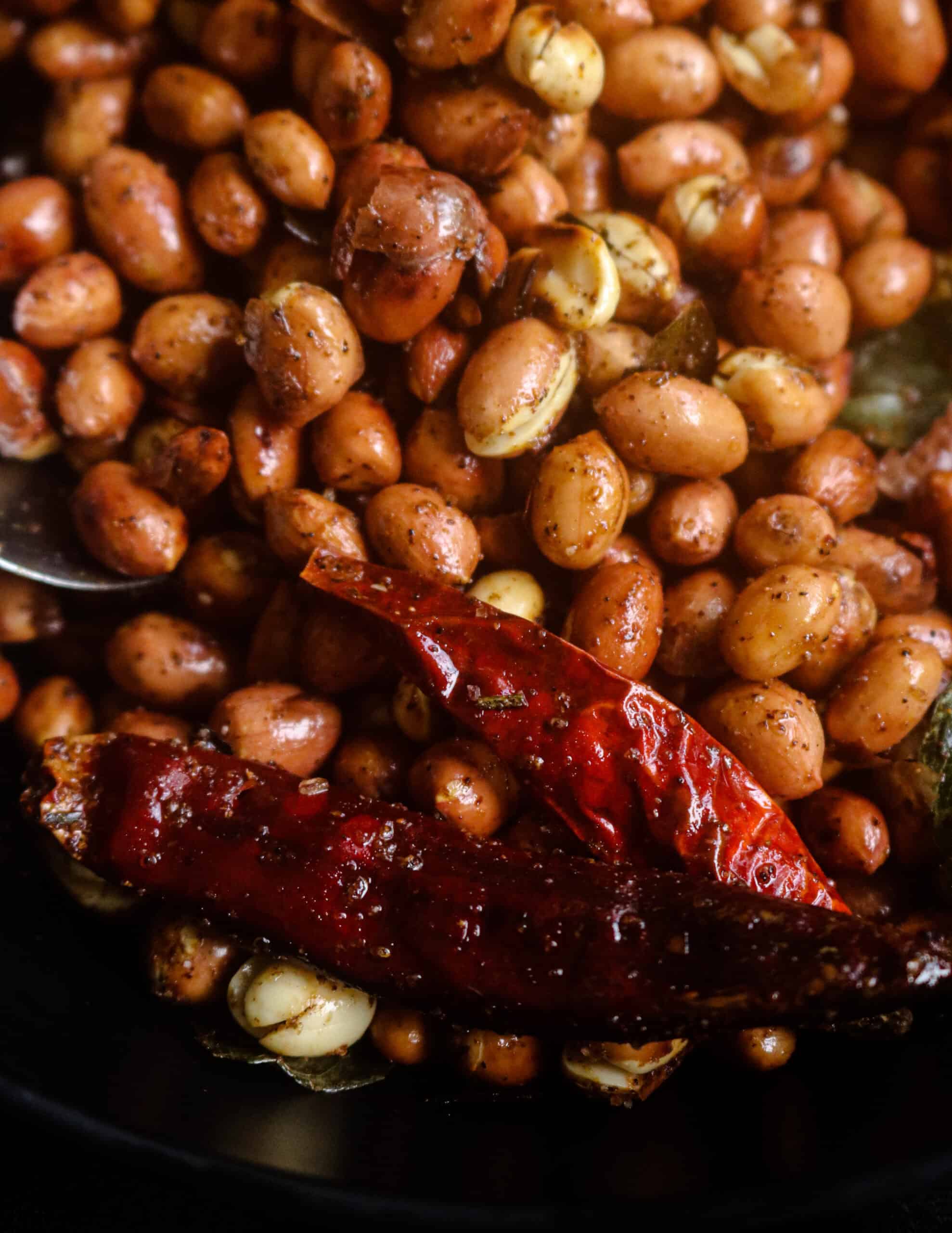 how to roast peanuts.crunchy roasted peanuts with red chilli and curry leaves.